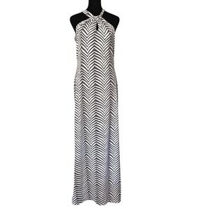 Ellie Kai‎ Halter Maxi Dress Chevron Print Sleeveless White Gray Womens